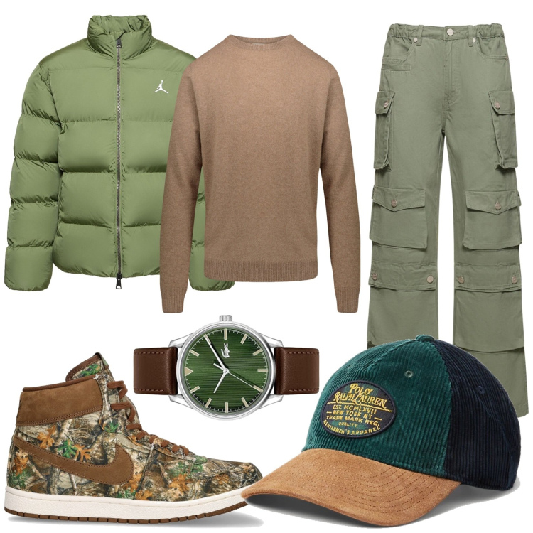 Outfit uomo - Total look #1795470. Stile Casual per Tutti i giorni. Abbinamento con cappelli con visiera, maglieria, piumini, sneakers, pantaloni cargo, orologi analogici.