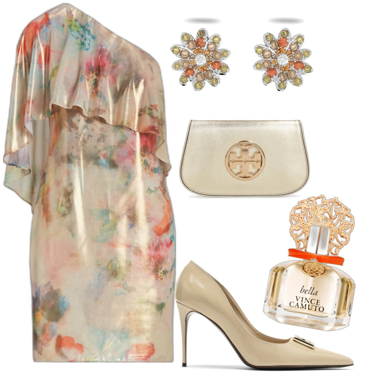 Outfit donna - Fior in cristalli Swarovski. Stile Glamour per Cerimonia. Abbinamento con profumi, vestiti asimmetrici, orecchini, scarpe col tacco, pochette.