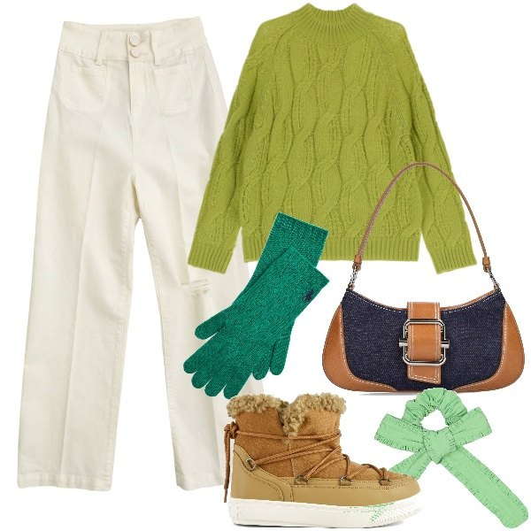 Outfit donna - In montagna. Stile Trendy per Tutti i giorni. Abbinamento con maglieria, pantaloni capri, guanti, stivali da neve, accessori per capelli, borse a spalla.
