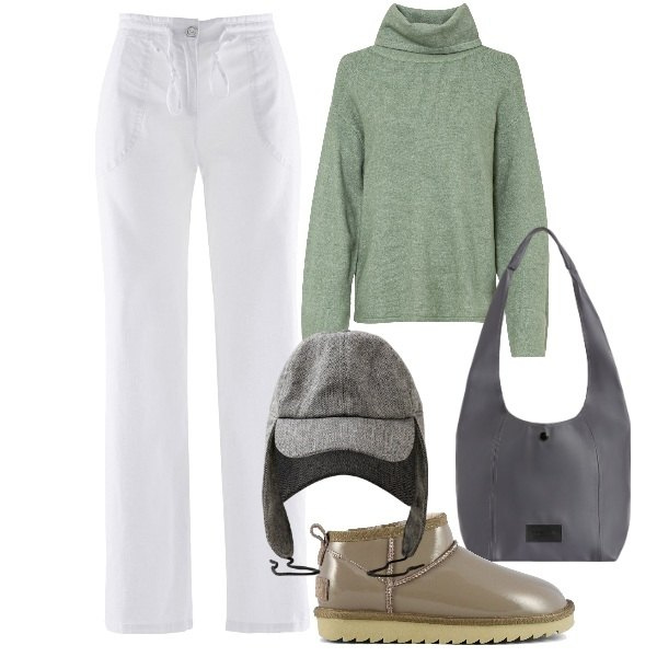 Outfit donna - Sportiva a gennaio. Stile Sporty chic per Tutti i giorni. Abbinamento con pantaloni a palazzo, maglieria, borse a spalla, cappelli, stivali.