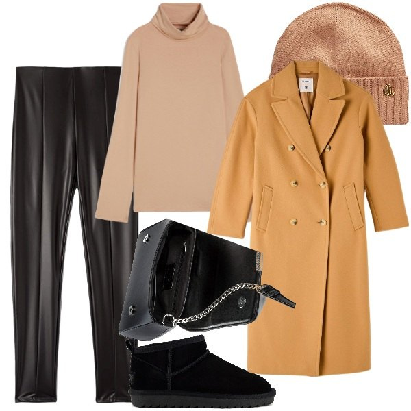 Outfit donna - Gennaio confort. Stile Urban per Tutti i giorni. Abbinamento con borse a tracolla, leggings, cappotti, maglieria, berretti, stivali.
