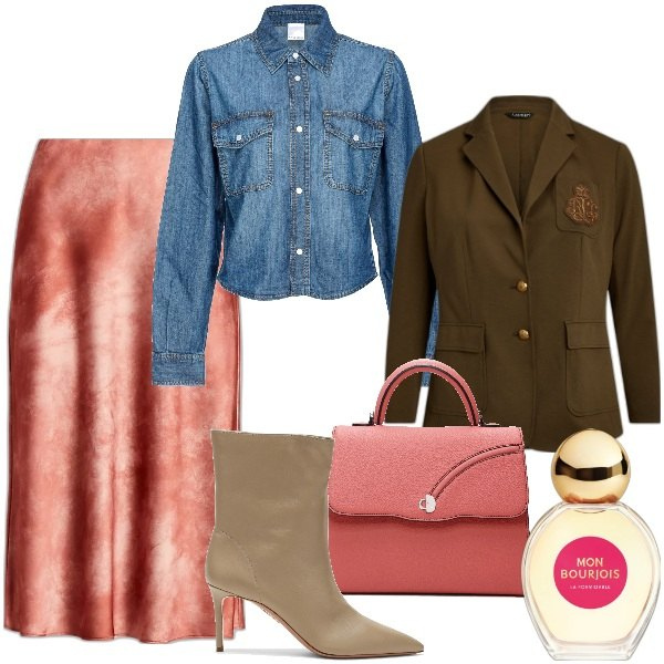 Outfit donna - Gennaio confort. Stile Vintage retrò per Serata fuori. Abbinamento con profumi, camicie, gonne, blazer, stivaletti, borse a mano.