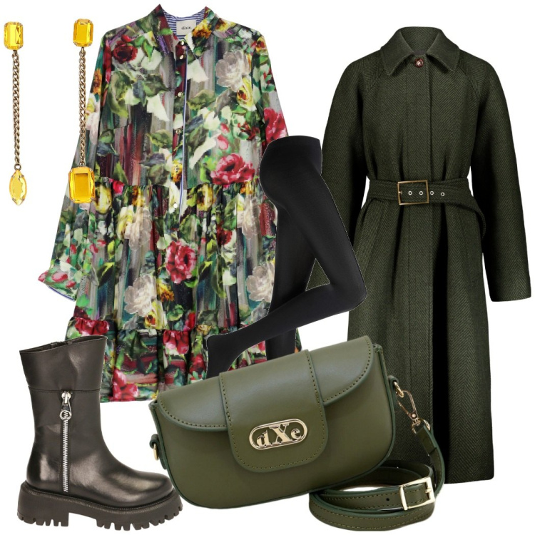 Outfit donna - Un verde fiorito. Stile Bon Ton per Serata fuori. look ideale per Tall. Abbinamento con collant, stivaletti, vestiti corti, pochette, orecchini, cappotti.