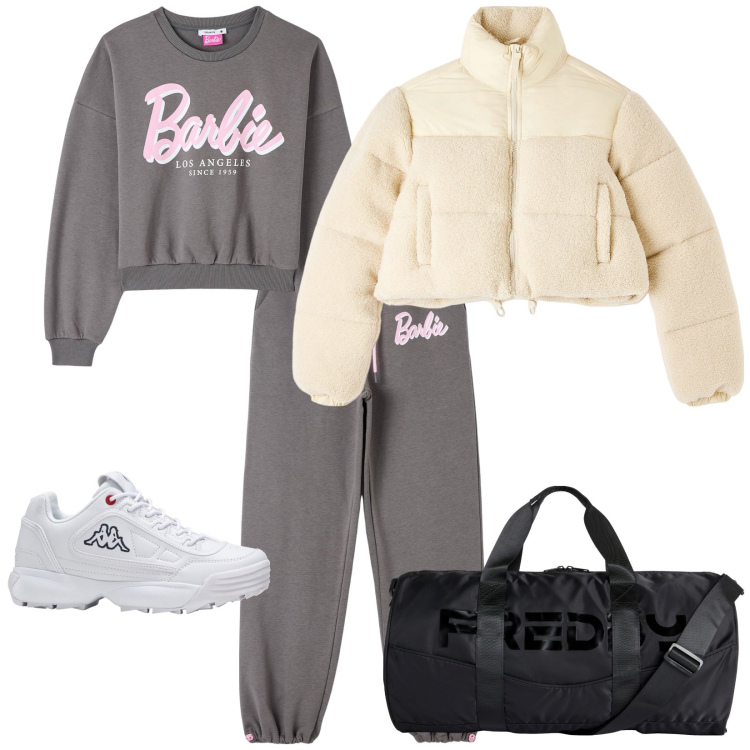 Outfit donna - In palestra con Barbie. Stile Casual per Sport. Abbinamento con sneakers, felpe, piumini, pantaloni, borse sportive.