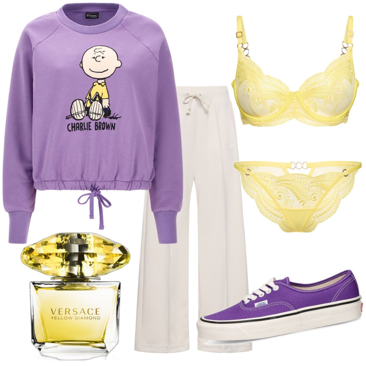 Outfit donna - Sorprese gialle. Stile Sporty chic per Tutti i giorni. Abbinamento con profumi, felpe, pantaloni, reggiseni, sneakers, slip.