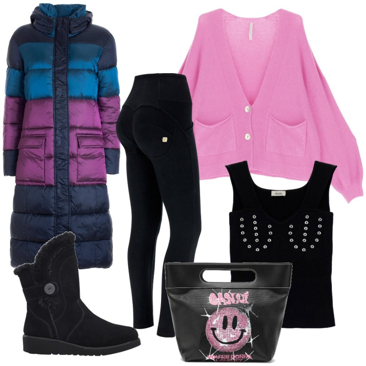 Outfit donna - Extra caldo e super trendy. Stile Casual chic per Tutti i giorni. look ideale per Tall. Abbinamento con stivali, piumini, cardigans, pantaloni skinny, canottiere, borse tote.