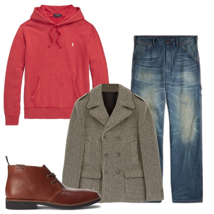 Outfit uomo - La felpa rossa. Stile Trendy per Tutti i giorni. Abbinamento con cappotti, felpe con cappuccio, stivali e stivaletti, jeans.