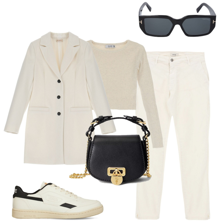 Outfit donna - Casual chic in bianco. Stile Casual chic per Tutti i giorni. Abbinamento con cappotti, maglieria, borse a tracolla, jeans slim fit, occhiali da sole, sneakers.