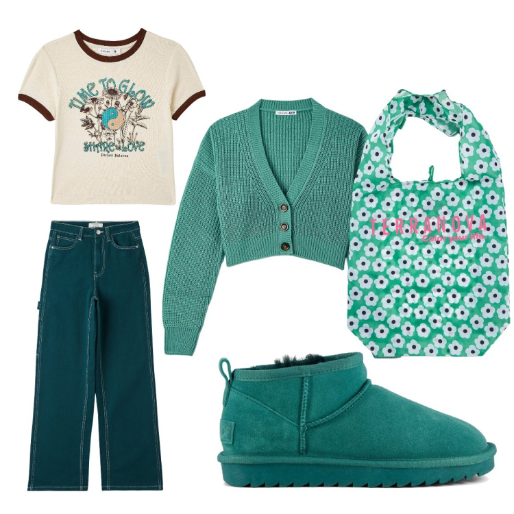 Outfit donna - Relax ton sur ton. Stile Trendy per Tutti i giorni. Abbinamento con pantaloni, cardigans, t-shirt, shopping bag, stivali.