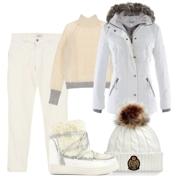 Outfit donna - Sulla meve. Stile Casual chic per Tutti i giorni. Abbinamento con piumini, berretti, maglieria, jeans slim fit, stivali da neve.