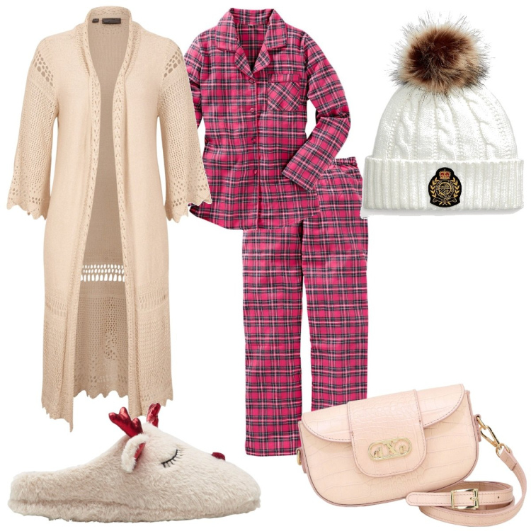 Outfit donna - Domenica in pigiama. Stile Trendy per Tutti i giorni. Abbinamento con pigiama, cardigans, pantofole, pochette, berretti.