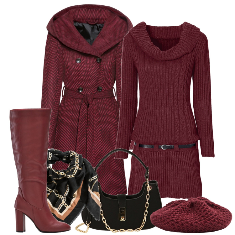 Outfit donna - Rosso. Stile Minimal per Tutti i giorni. Abbinamento con cappotti, vestiti, stivali sopra il ginocchio, foulard, cappelli e berretti, borse a spalla.