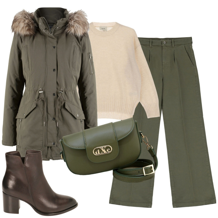 Outfit donna - Pausa caffè. Stile Casual chic per Tutti i giorni. Abbinamento con parka, stivaletti, pullovers, pochette, pantaloni a palazzo.