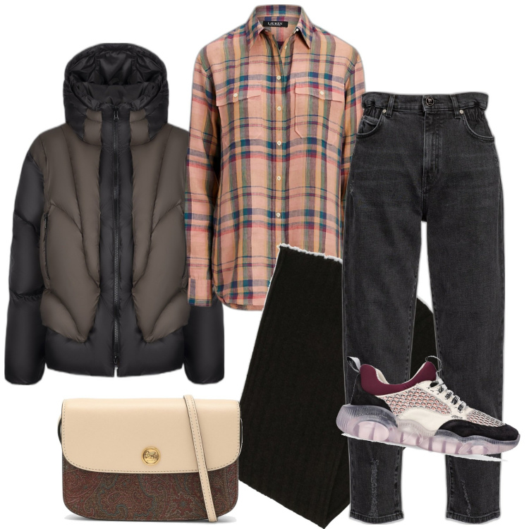 Outfit donna - Serata in trattoria. Stile Casual per Tutti i giorni. Abbinamento con jeans strappati, camicie, piumini, sneakers, borse a tracolla, sciarpe.