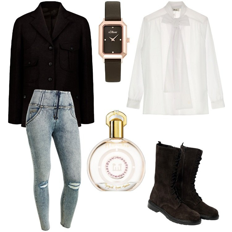 Outfit donna - Enigmatica-Gennaio. Stile Urban per Tutti i giorni. Abbinamento con profumi, jeans skinny, camicie, stivaletti, cappotti, orologi.