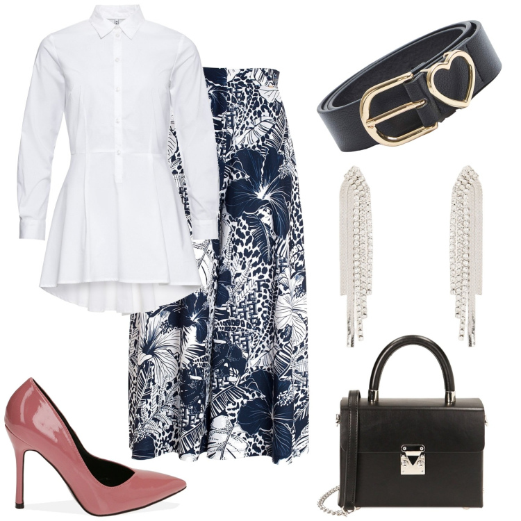 Outfit donna - Fiori d\'inverno. Stile Glamour per Tutti i giorni. Abbinamento con camicie, cinture, pantaloni culotte, borse a spalla, décolleté, orecchini.