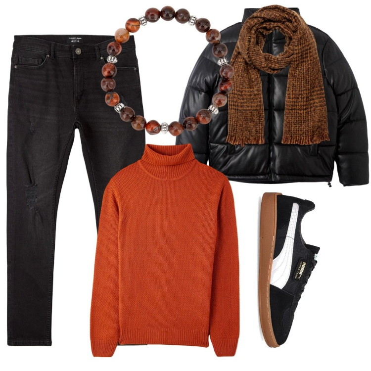 Outfit uomo - Punto mosso.. Stile Urban per Tutti i giorni. Abbinamento con maglieria, jeans strappati, piumini, braccialetti, sciarpe, sneakers.