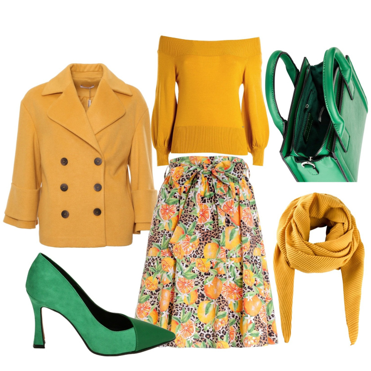 Outfit donna - Arance primaverili. Stile Romantica per Ufficio. Abbinamento con foulard, borse a mano, gonne longuette, maglieria, cappotti, décolleté.