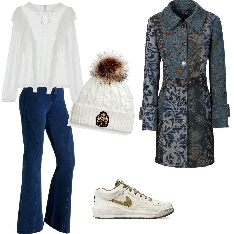 Outfit donna - Cappotto effetto jacquard-gennaio. Stile Sporty chic per Tutti i giorni. Abbinamento con cappotti, camicie, jeans a zampa, berretti, sneakers.