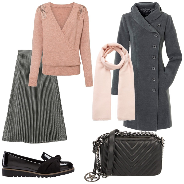 Outfit donna - Fiori sul maglione rosa. Stile Romantica per Tutti i giorni. Abbinamento con maglieria, cappotti, mocassini, gonne longuette, sciarpe, borse a tracolla.
