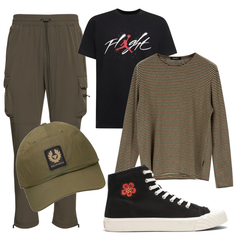 Outfit uomo - Passeggio per la città. Stile Casual per Tutti i giorni. Abbinamento con felpe, cappelli, sneakers alte, pantaloni cargo, t-shirt.