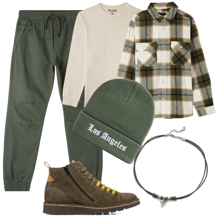 Outfit uomo - Green Lovers Man. Stile Casual per Tutti i giorni. Abbinamento con pantaloni, cappotti, berretti, t-shirt, sneakers alte, collane.