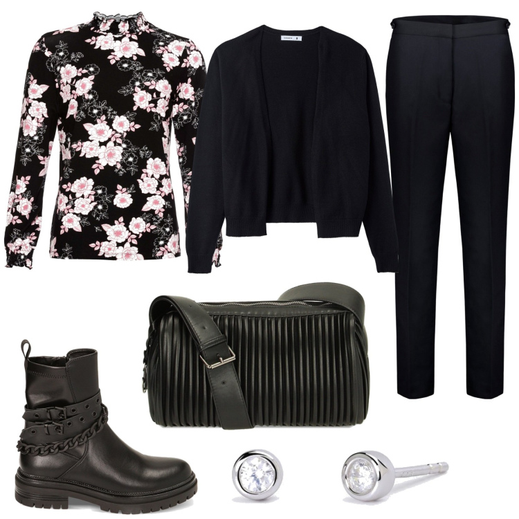 Outfit donna - Fiori d\'inverno. Stile Casual per Tutti i giorni. Abbinamento con maglieria, cardigans, orecchini, stivaletti, borse a spalla, pantaloni.