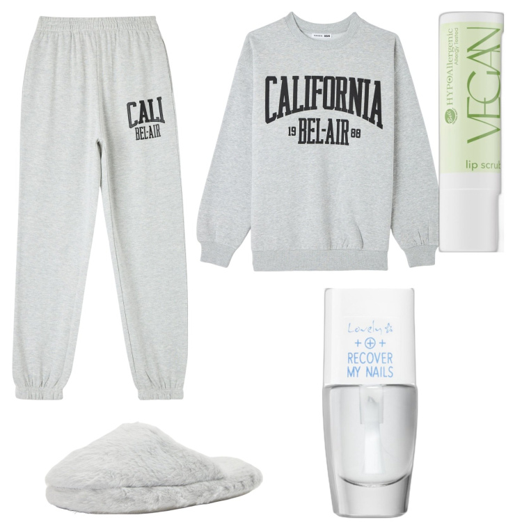 Outfit donna - Domenica in relax. Stile Basic per Tutti i giorni. Abbinamento con matite labbra, smalti, pantaloni sportivi, pantofole, felpe sportive.