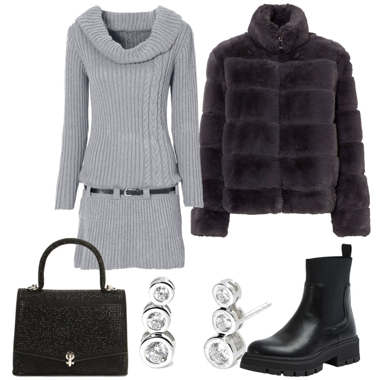 Outfit donna - Con le amiche. Stile Casual chic per Serata fuori. Abbinamento con ecopellicce, vestiti, stivali sopra il ginocchio, orecchini, borse a mano.