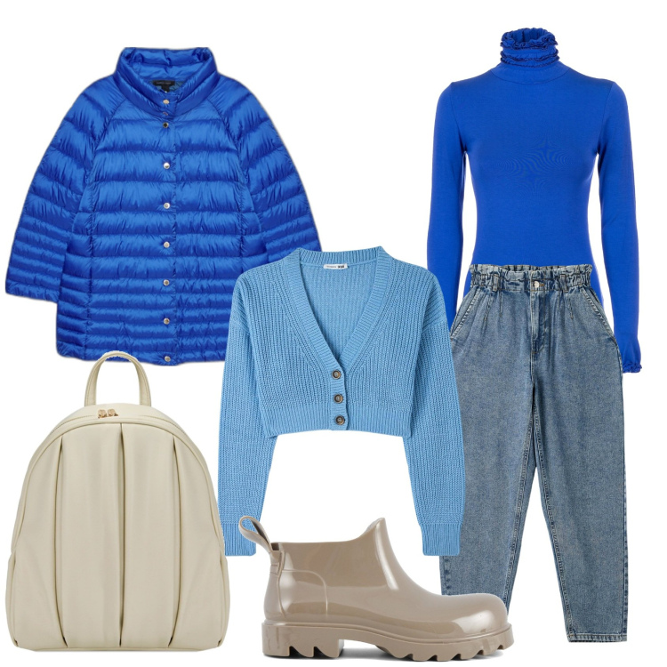 Outfit donna - Casual in bluette. Stile Casual chic per Ufficio. Abbinamento con cardigans, jeans, top, zaini, stivali, piumini.