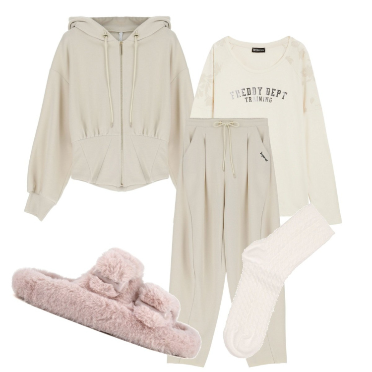 Outfit donna - Domenica Total relax in casa. Stile Casual chic per Tutti i giorni. Abbinamento con felpe con cappuccio, pantaloni, t-shirt, ciabatte, calzini.