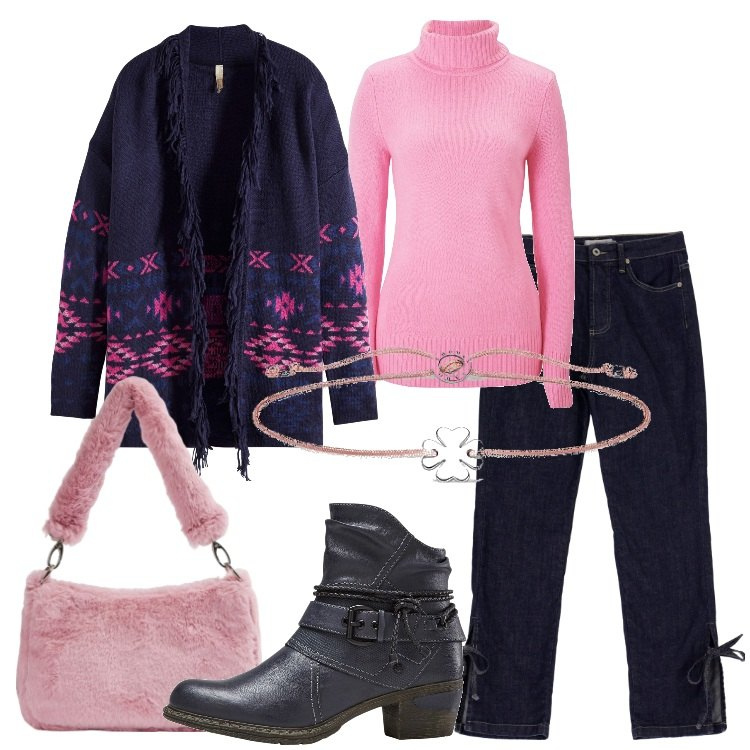 Outfit donna - Mood etnico in città. Stile Etnico per Tutti i giorni. Abbinamento con maglieria, stivaletti, cardigans, borse a spalla, jeans dritti, braccialetti.
