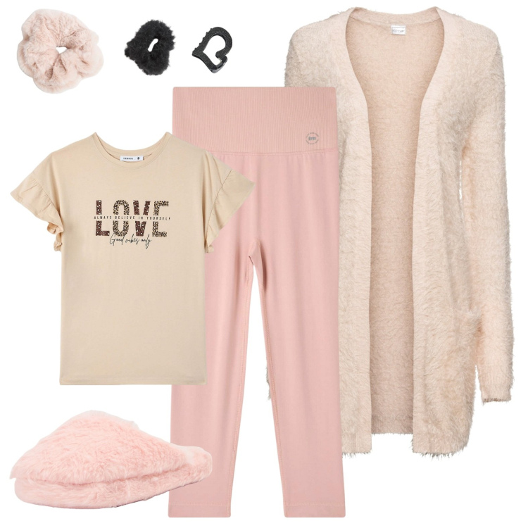 Outfit donna - A casa al calduccio. Stile Basic per Tutti i giorni. Abbinamento con cardigans, leggings, accessori per capelli, t-shirt, pantofole.