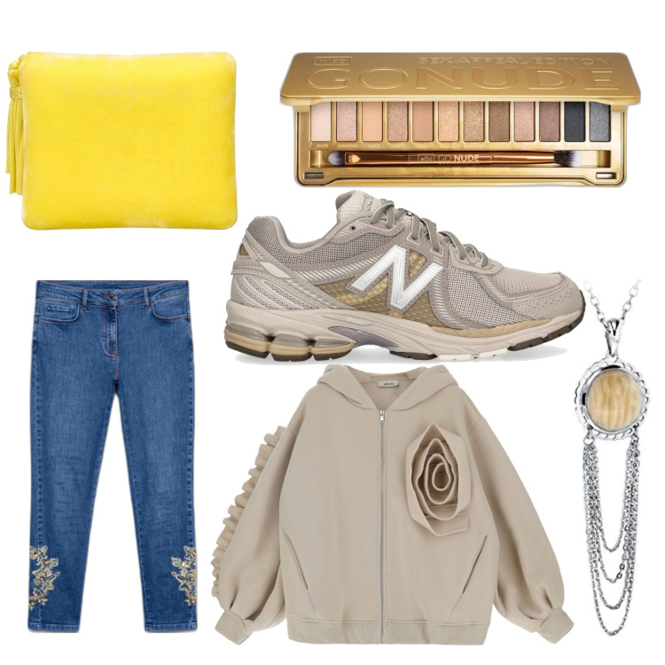 Outfit donna - A pranzo con lei. Stile Casual per Tutti i giorni. Abbinamento con ombretti, felpe con cappuccio, jeans skinny, sneakers, ciondoli, pochette.