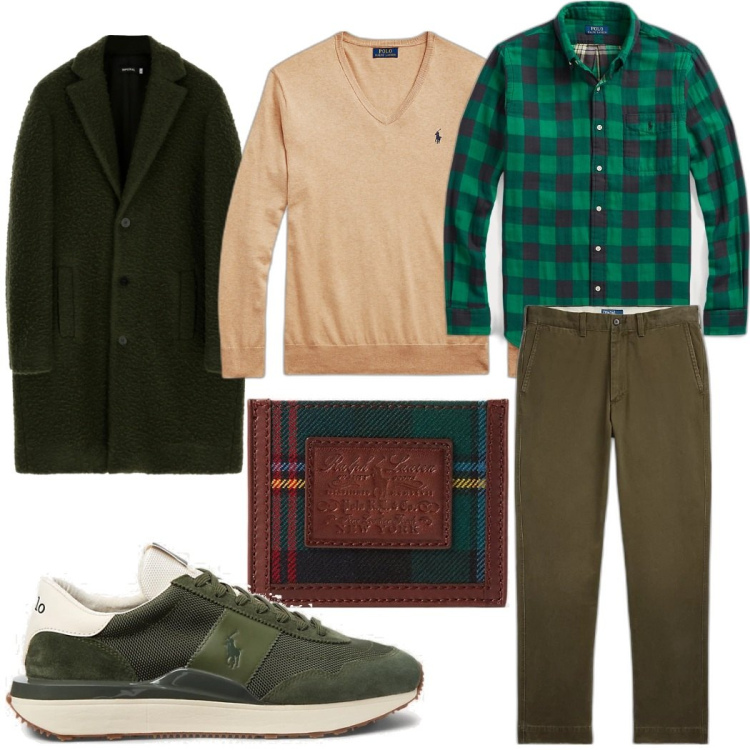 Outfit uomo - Verde. Stile Business/Elegante per Tutti i giorni. Abbinamento con pantaloni, maglieria, sneakers, portafogli, camicie, cappotti.