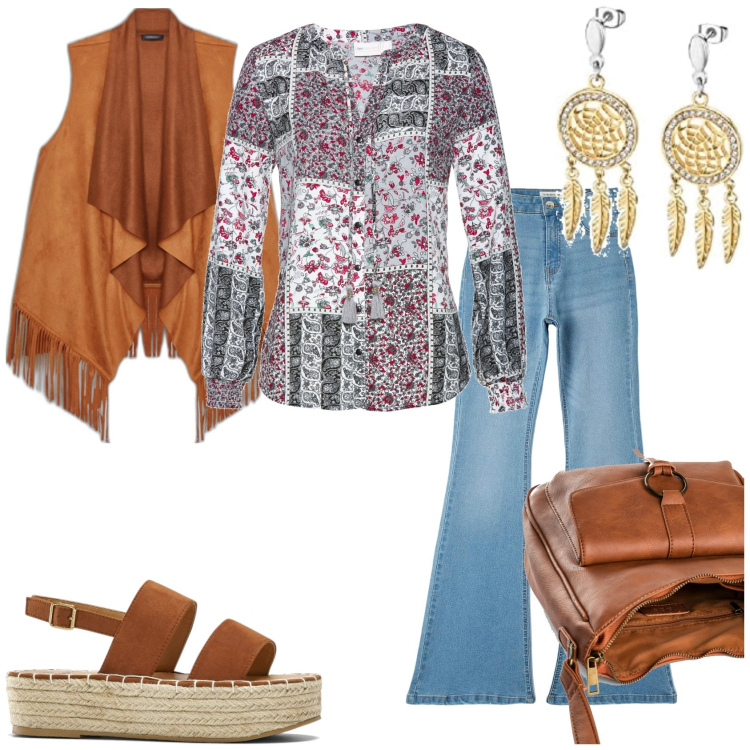 Outfit donna - Hair stile libero. Stile 70s per Tutti i giorni. Abbinamento con bluse, borse a tracolla, sandali, jeggings, gilet, orecchini.