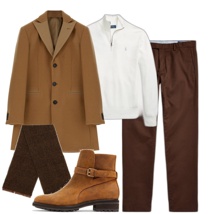 Outfit uomo - Winter time. Stile Business/Elegante per Tutti i giorni. Abbinamento con cappotti, pantaloni chino, maglieria, stivali, sciarpe.