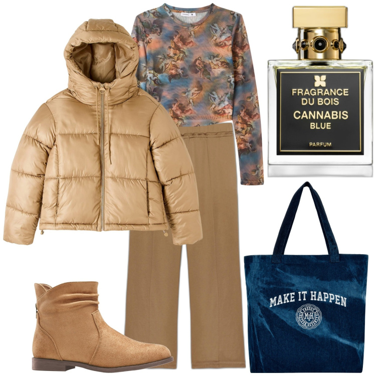 Outfit donna - Tempo di caldi piumini. Stile Urban per Tutti i giorni. Abbinamento con stivaletti, profumi, t-shirt, piumini, shopping bag, pantaloni.