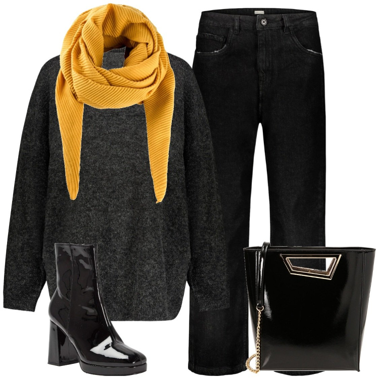 Outfit donna - Total look #1795793. Abbinamento con foulard, stivaletti, borse a mano, maglieria, jeans.