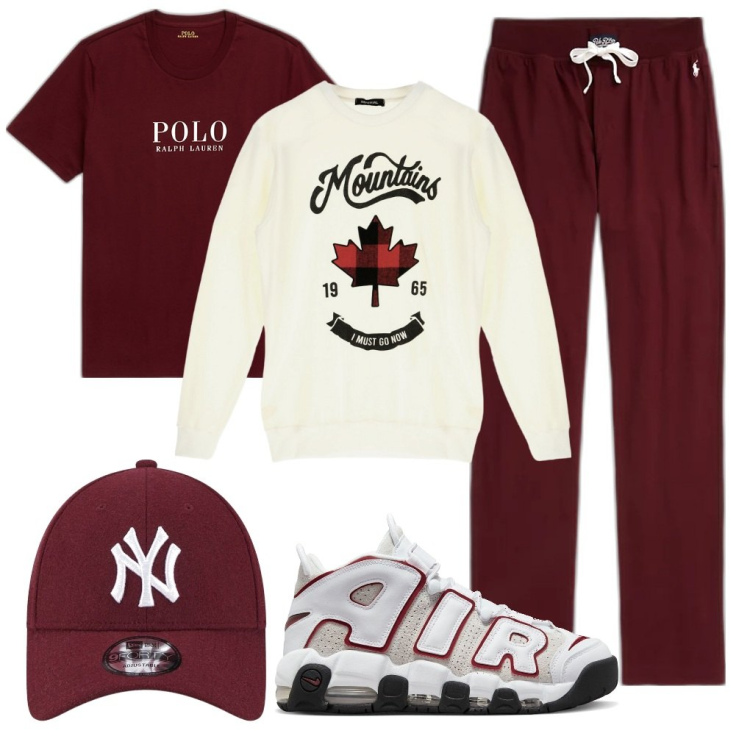 Outfit uomo - Rosso di sera. Stile Urban per Tutti i giorni. Abbinamento con felpe, t-shirt, pantaloni, sneakers, cappelli con visiera.