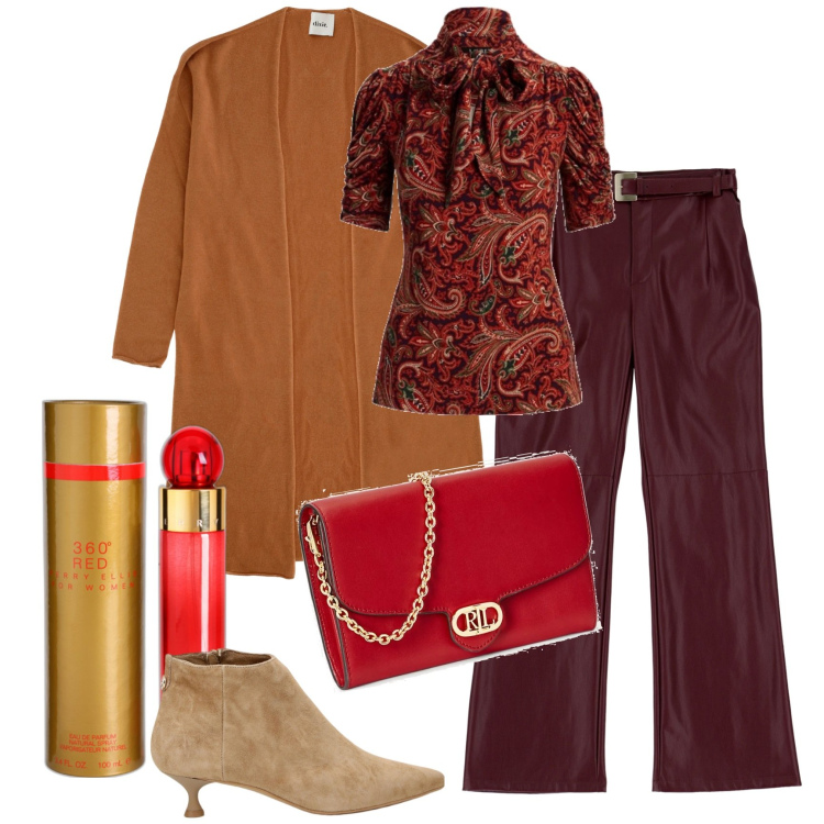 Outfit donna - Nuance speziate. Stile Chic per Tutti i giorni. Abbinamento con profumi, pantaloni a palazzo, stivaletti, cardigans, borse a tracolla, bluse.