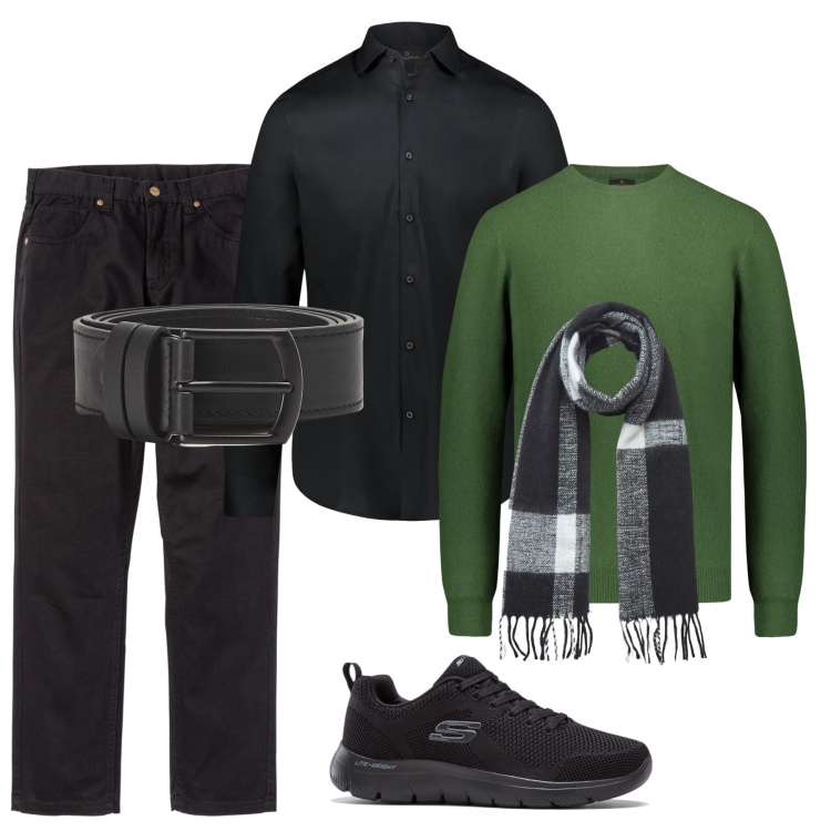 Outfit uomo - Nero e verde. Stile Casual per Tutti i giorni. Abbinamento con pantaloni, sneakers, cinture, sciarpe, camicie, maglieria.