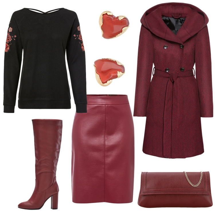 Outfit donna - L\'elegante maglia ricamata. Stile Chic per Serata fuori. Abbinamento con cappotti, gonne longuette, maglieria, stivali sopra il ginocchio, pochette, orecchini.