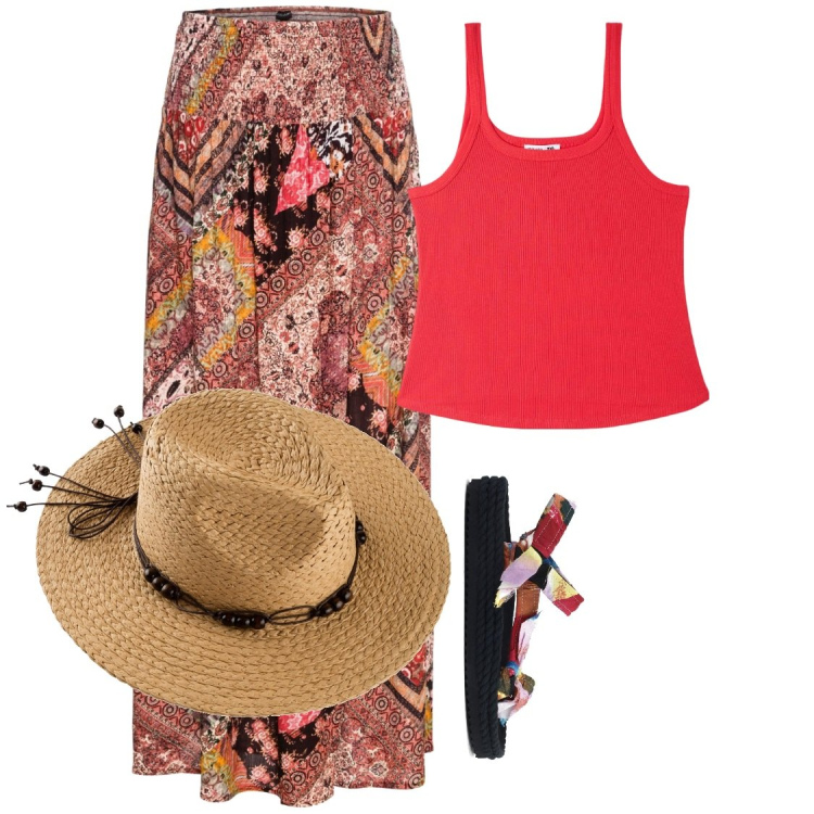 Outfit donna - Me ne vado al sole. Abbinamento con gonne, cappelli, top, sandali.