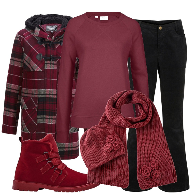 Outfit donna - Domenica in montagna. Stile Casual per Tutti i giorni. Abbinamento con felpe, pantaloni, montgomery, stivaletti, sciarpe.