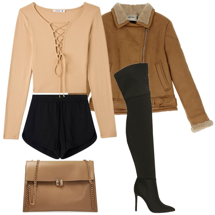 Outfit donna - Total look #1795865. Stile Trendy per Serata fuori. Abbinamento con pantaloncini sportivi, t-shirt, stivali, borse a spalla, cappotti.