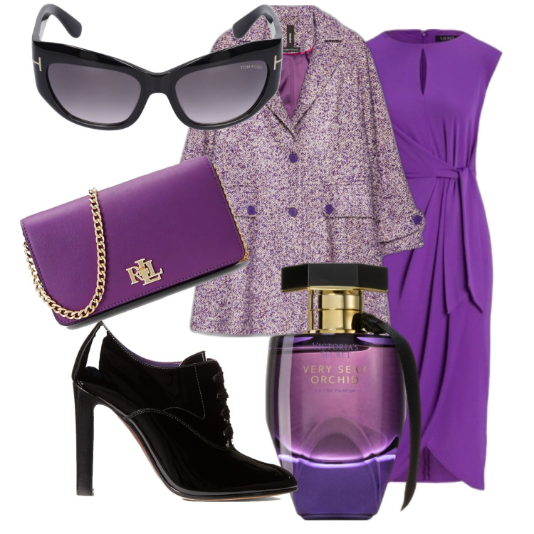Outfit donna - Quando inusuale. Stile Glamour per Serata fuori. Abbinamento con profumi, décolleté, vestiti, borse a mano, cappotti, occhiali da sole.
