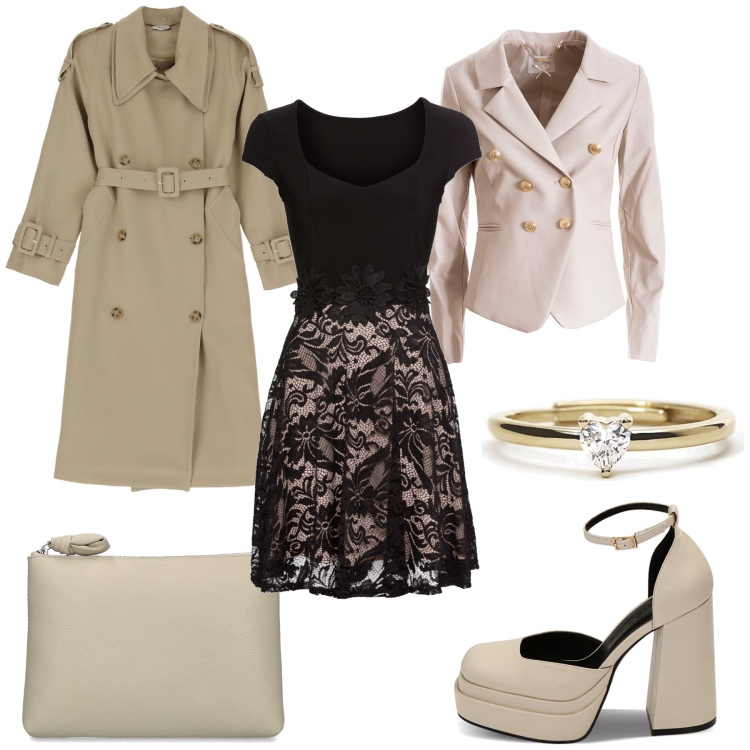 Outfit donna - Et les fleurs. Stile Chic per Tutti i giorni. Abbinamento con anelli, blazer, décolleté, trench, vestiti corti, pochette.