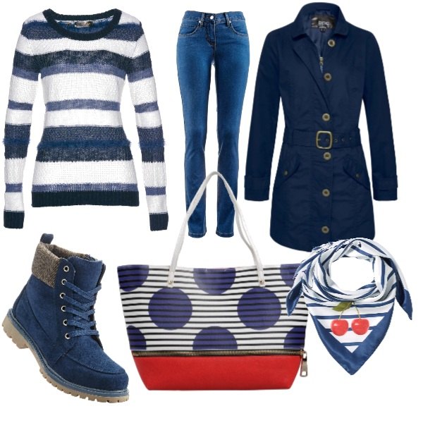 Outfit donna - Marinar style autunnale. Stile Trendy per Tutti i giorni. Abbinamento con jeans dritti, pullover bianco e corda, trench con zip e tasche, stivaletti, sciarpa copricapo a righe blu, borsa a mano maxi a righe doppio manico in pelle sintetica rigido.