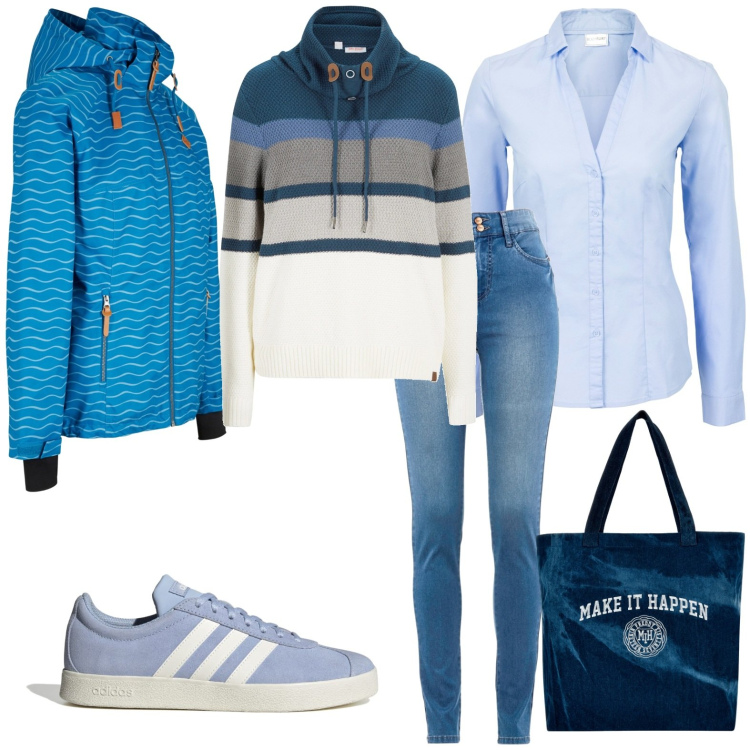 Outfit donna - Total look #1795887. Stile Casual per Tutti i giorni. Abbinamento con camicie, jeans slim fit, maglieria, blazer, shopping bag, sneakers.